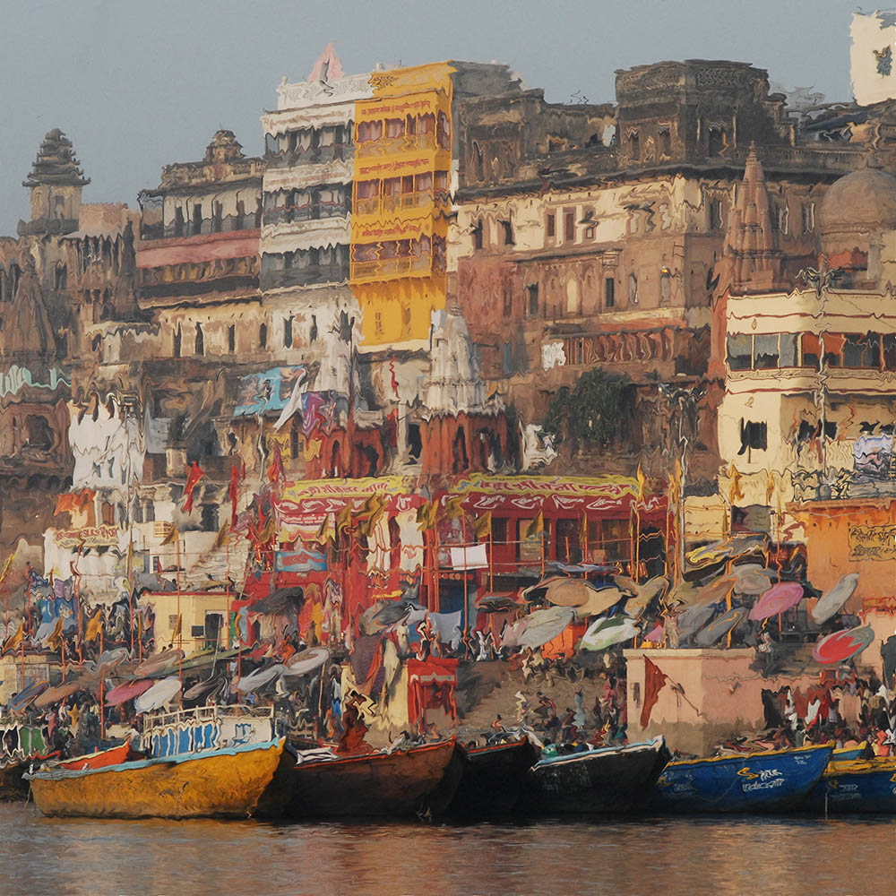 Fine art photography - Digitally manipulated image of Varanasi seen from the Ganges River, India.