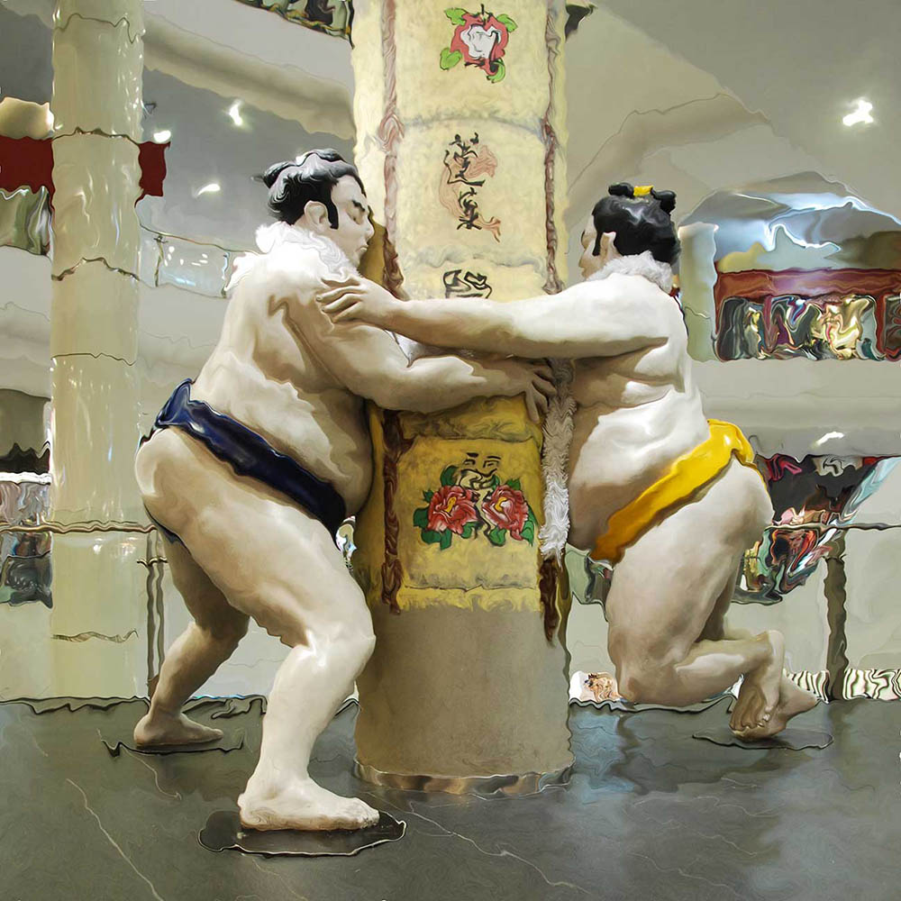 Photographie artistique - Image numérique modifiée de deux sumos dans un grand magasin, Bangkok, Thaïlande.