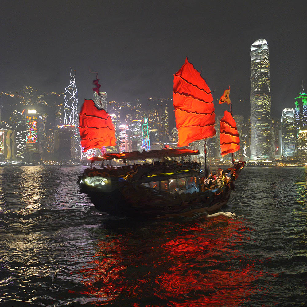 Photographie artistique - Image numérique modifiée d'une jonque à voiles rouges sur la baie de Hong Kong, Chine.